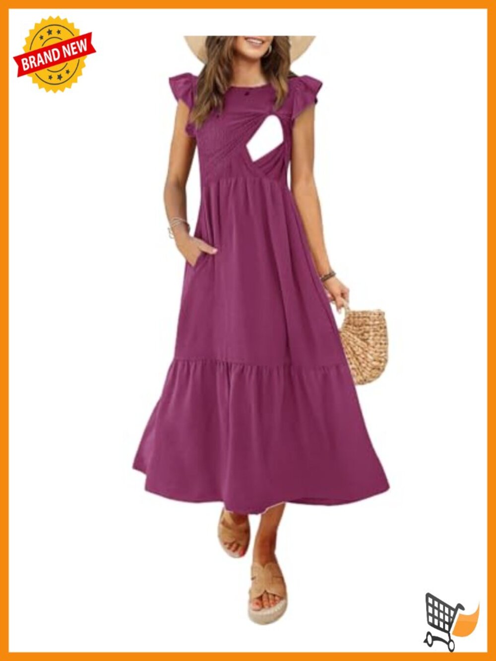 Nursing Midi Dress Flutter Sleeve Smocked Waist with Pockets Maternity